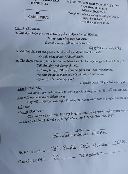 Thi lớp 10 tại Thanh Hóa: Đề Văn “nhạt”, không có tính phân loại học sinh - 1 Đề thi môn Ngữ Văn vào lớp 10 tại Thanh Hóa.