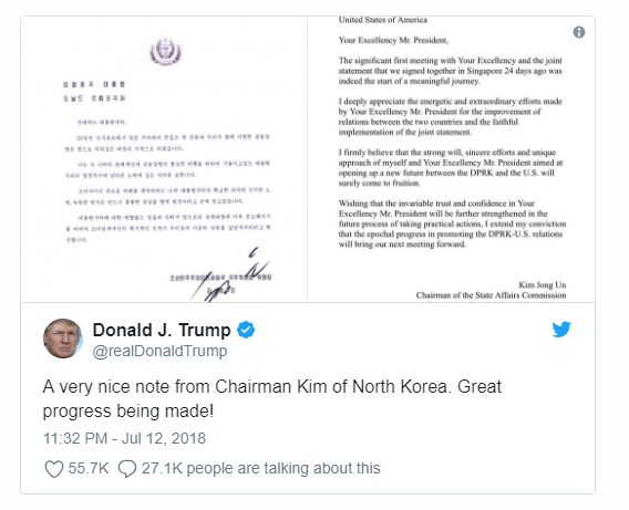 Ông Trump khoe nhận thư riêng của ông Kim Jong-un giữa lúc căng thẳng - 2
Bình luận của Tổng thống Trump đăng kèm ảnh chụp bức thư từ nhà lãnh đạo Kim Jong-un. (Ảnh: Twitter)