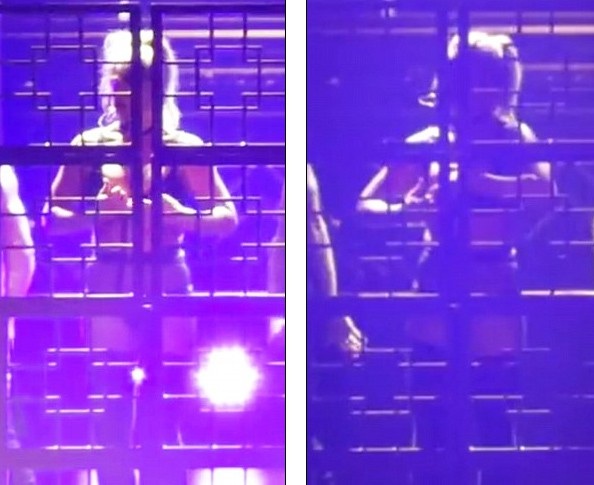 Britney "lộ hàng" trên sân khấu - 3
Trước đó cô đã có pha chỉnh trang trang phục khá phô trên sân khấu
