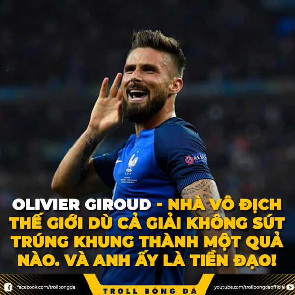 Trong khi đó tiền đạo Giroud của Pháp lại trở thành người “vô duyên” nhất tại World Cup khi tung ra đến 14 cú sút nhưng... không có cú sút nào trúng đích và dĩ nhiên không ghi được bàn thắng nào (Ảnh: Troll Bóng đá)