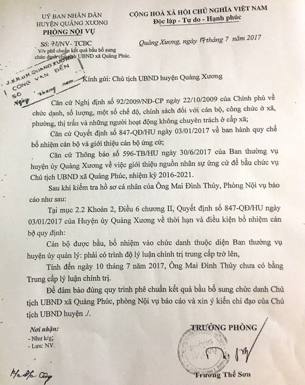 Chưa đủ điều kiện vẫn được bầu làm chủ tịch xã - 1 Mặc dù chưa có bằng Trung cấp lý luận chính trị nhưng vẫn được bầu giữ chức Chủ tịch UBND xã