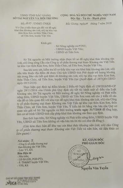 Sau nhiều sóng gió “đoạn trường”, sông Cầu lại đối mặt lời đề nghị xin được “đào cát”! - 1
Sở TN&MT tỉnh Bắc Giang xin ý kiến nhưng lại đề nghị nếu Sở Nông nghiệp và Phát triển nông thôn, UBND huyện Việt Yên, UBND xã Tiên Sơn không có văn bản trả lời thì coi như đã đồng ý việc cho phép đào cát trên sông Cầu.