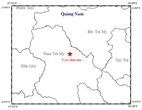3 ngày xảy ra 2 trận động đất ở huyện Nam Trà My - 1 Vị trí trận động đất ở Nam Trà My sáng 17/7. (Ảnh: Viện Vật lý Địa cầu)