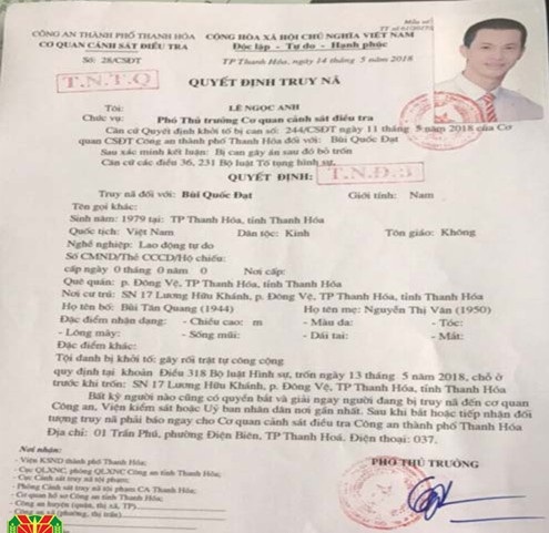 Truy nã 3 đối tượng sử dụng súng gây thương tích rồi bỏ trốn - 1 Quyết định truy nã đối với Bùi Quốc Đạt.