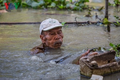 Đời thường của anh hùng “phi công nông dân“ - 1 Ông Bảy tuổi cao vẫn cần mẫn với công việc ruộng vườn, ao cá.
