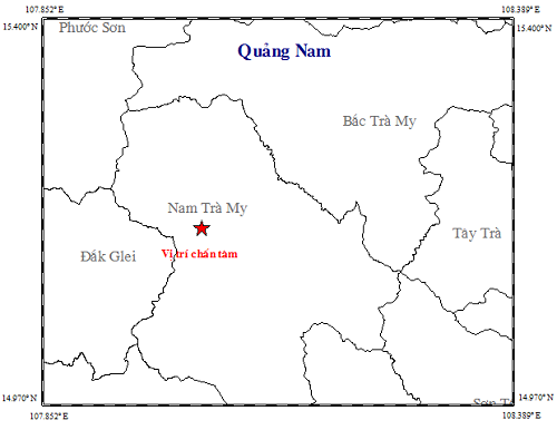 4 trận động đất liên tiếp trong sáng nay ở Quảng Nam - 1 Vị trí trận động đất xảy ra ở huyện Nam Trà My có cường độ 3,5 độ Richter. (Ảnh: Viện Vật lý Địa cầu)