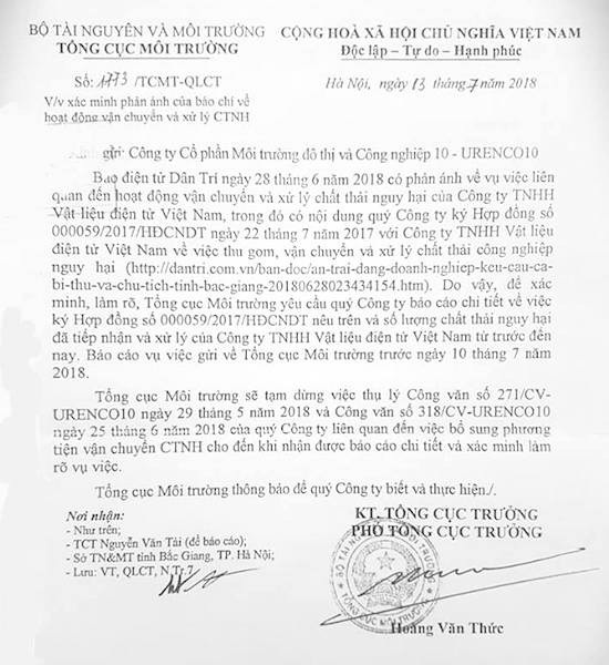 Diễn tiến gì mới vụ ăn "trái đắng", doanh nghiệp phải báo cáo cả Bí thư, Chủ tịch tỉnh? - 1
Tổng cục Môi trường vào cuộc yêu cầu làm rõ việc xử lý chất thải nguy hại.