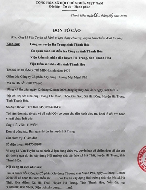 Giám đốc Ban Quản lý dự án bị tố “vòi tiền” doanh nghiệp - 1 Đơn tố cáo của ông Hoàng Chí Minh, Giám đốc Công ty Cổ phần Xây dựng - Thương mại Mạnh Phú