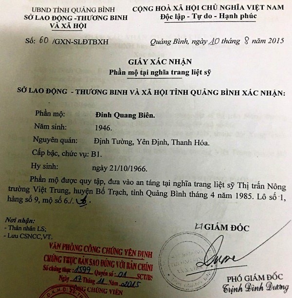 Đi tìm danh dự cho người lính đã hi sinh: Thêm một năm chờ đợi trong vô vọng! - 2 Giấy xác nhận phần mộ tại nghĩa trang liệt sỹ của Sở Lao động, Thương binh và Xã hội tỉnh Quảng Bình