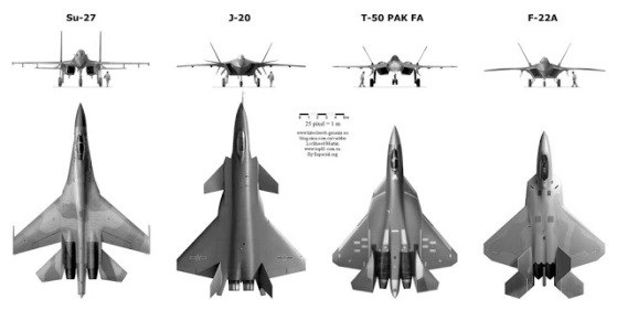 Đọ sức mạnh “Rồng dũng mãnh” J-20 và “Chim ăn thịt” F-22 - 4
Kích cỡ của J-20 lớn hơn so với F-22 (Ảnh: Fighter Sweep)