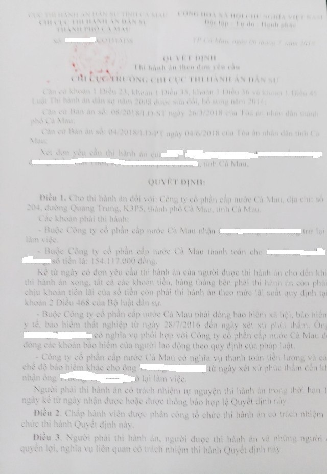 Thua kiện, Công ty Cấp nước Cà Mau vẫn chưa thi hành án - 1 Dù đã có quyết định thi hành theo yêu cầu, nhưng phía Công ty Cấp nước Cà Mau vẫn chưa thi hành.