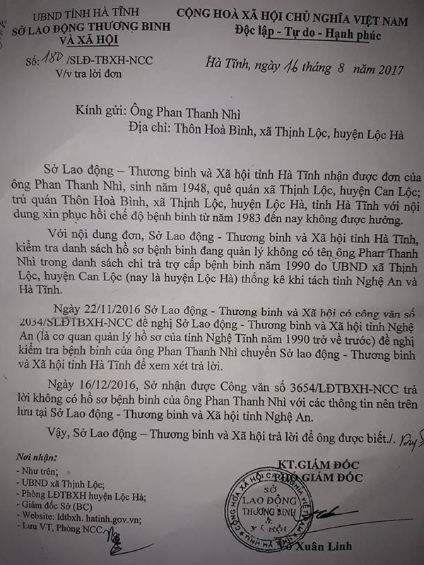 Vì sao bệnh binh 35 năm không được hưởng chế độ? - 4 Văn bản của Sở LĐ-TB&XH Hà Tĩnh trả lời về khiếu nại xin cấp lại chế độ Bệnh binh của ông Nhì.