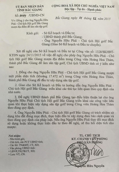 Phó Thủ tướng yêu cầu làm rõ vụ cho “mượn” 17.000 m2 đất công viên làm sân golf - 4
“Nếu tỉnh Bắc Giang thực hiện cưỡng chế, phá dỡ dự án sân golf của tôi thì phải thực hiện việc bồi thường, ông Nguyễn Hữu Phải cho biết.