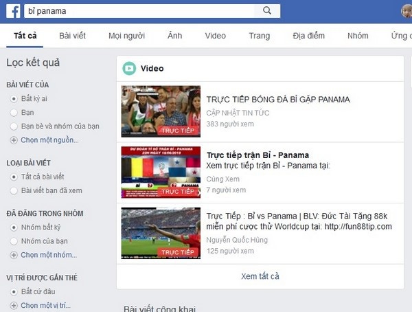 Dân mạng tẩy chay các trang phát “lậu” World Cup vì lo ngại bị ngừng phát sóng - 1 Chỉ cần kiếm từ khóa tên trận đấu đang diễn ra trên Facebook...