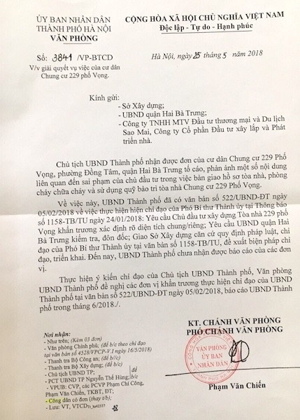 Sau chỉ đạo của Thủ tướng, Sở Xây dựng chỉ rõ hàng loạt sai phạm tại chung cư 229 Phố Vọng - 2
Văn phòng UBND TP Hà Nội có công văn gửi các đơn vị liên quan đề nghị giải quyết dứt điểm sự việc.