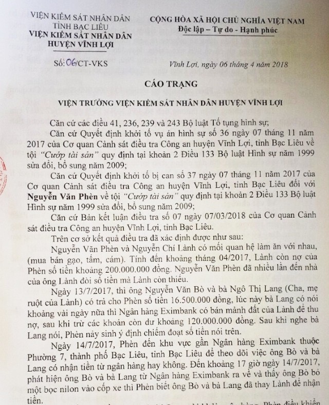 Đi đòi nợ, bị truy tố “cướp tài sản”: Ban Nội chính Tỉnh ủy Bạc Liêu sẽ giám sát việc xét xử! - 2 Đi đòi nợ, bị truy tố “cướp tài sản”: Ban Nội chính Tỉnh ủy Bạc Liêu sẽ giám sát việc xét xử! - 2