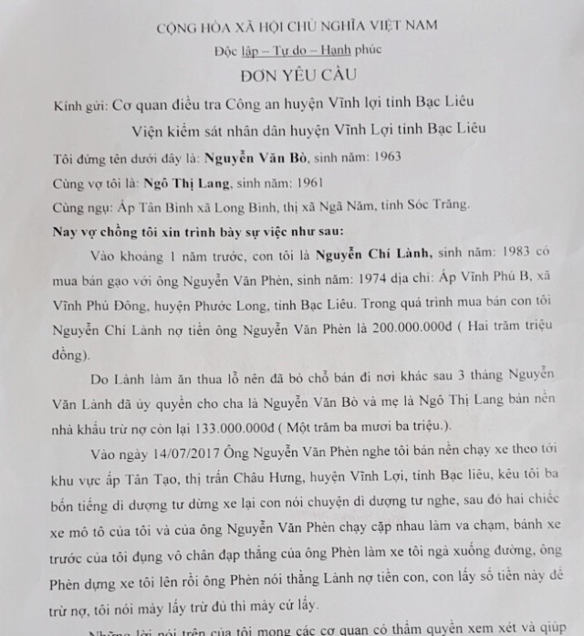 Đi đòi nợ, bị truy tố “cướp tài sản”: Ban Nội chính Tỉnh ủy Bạc Liêu sẽ giám sát việc xét xử! - 4 Đơn yêu cầu của vợ chồng ông Nguyễn Văn Bò, trong đó có nội dung mong cơ quan có thẩm quyền xem xét giúp đỡ cho ông Phèn.