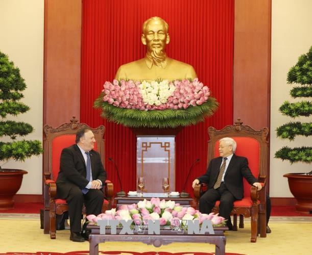 Tổng Bí thư Nguyễn Phú Trọng tiếp Ngoại trưởng Hoa Kỳ Mike Pompeo thăm chính thức Việt Nam. Ảnh: TTXVN.