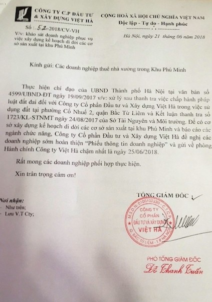 Gần 30 doanh nghiệp kêu cứu, Sở TN&MT TP Hà Nội có thất hẹn? - 1
Công văn của Côg ty Việt Hà khiến các doanh nghiệp phản ứng.