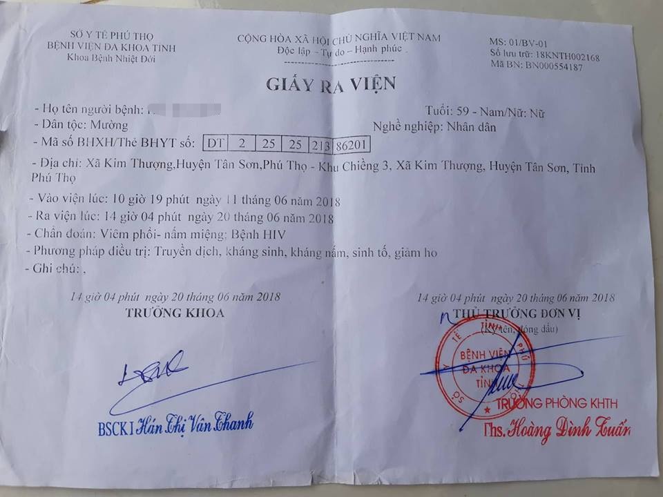 Vụ nhiều người lây HIV ở Phú Thọ: Thông tin chưa được kiểm chứng? - 3 Giấy ra viện của một bệnh nhân bị HIV tại xã Kim Thượng