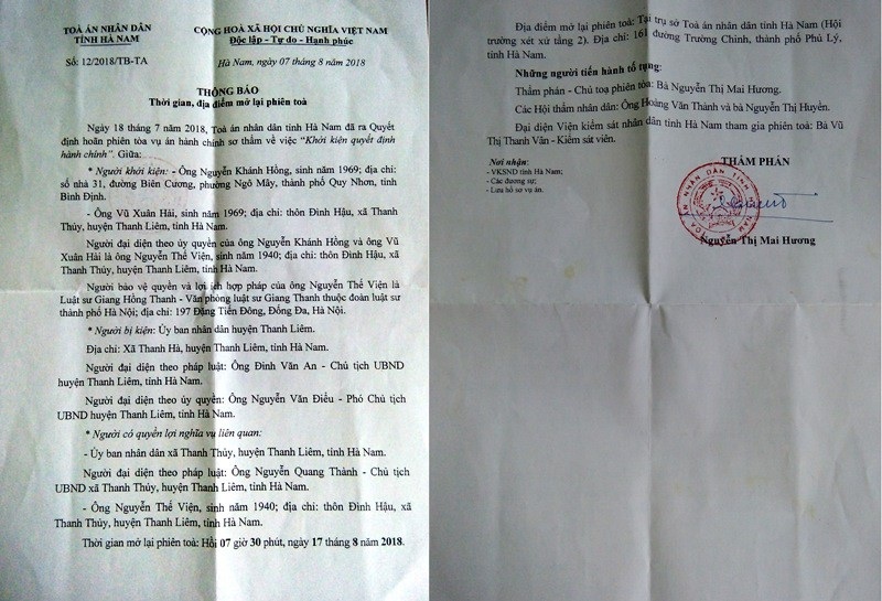 Người dân khởi kiện UBND huyện Thanh Liêm, Tòa mở lại phiên xét xử lần 3! - Ảnh 2. Người dân khởi kiện UBND huyện Thanh Liêm, Tòa mở lại phiên xét xử lần 3! - Ảnh 2.