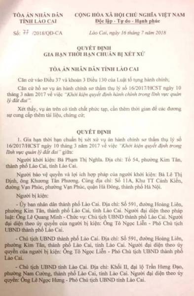 Gia hạn thời hạn chuẩn bị xét xử vụ án người dân kiện Chủ tịch tỉnh Lào Cai ra tòa - Ảnh 1. Gia hạn thời hạn chuẩn bị xét xử vụ án người dân kiện Chủ tịch tỉnh Lào Cai ra tòa - Ảnh 1.