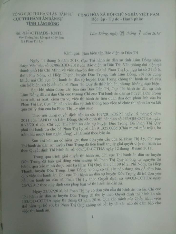 Cục Thi hành án dân sự tỉnh Lâm Đồng trả lời khiếu nại bạn đọc Dân trí! - Ảnh 1. Cục Thi hành án dân sự tỉnh Lâm Đồng trả lời khiếu nại bạn đọc Dân trí! - Ảnh 1.