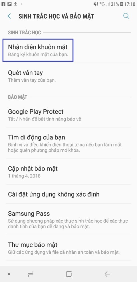 Bí quyết sử dụng smartphone hiệu quả hơn - 2 Người dùng có thể kích hoạt tính năng Nhận diện khuôn mặt khi vào Cài đặt > Sinh trắc học và bảo mật