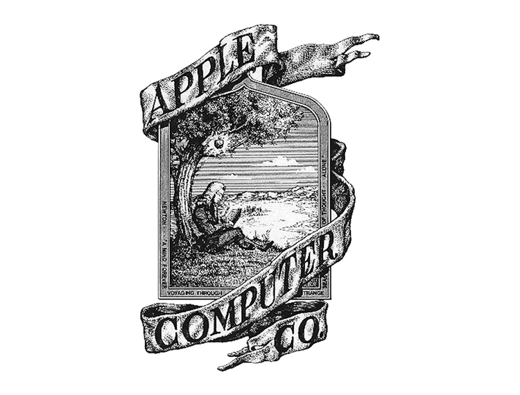 Những cột mốc của Apple trên đường trở thành "bá chủ" thế giới - 2 Logo đầu tiên của Apple lấy ý tưởng một người đàn ông đang đọc sách dưới gốc cây táo, và một quả táo được làm nổi bật ở phía trên.
