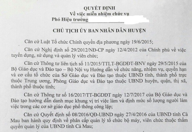 Cà Mau: Miễn nhiệm 12 Phó Hiệu trưởng trường tiểu học, THCS - 1
Một quyết định miễn nhiệm Phó Hiệu trưởng của UBND huyện Thới Bình (Cà Mau).