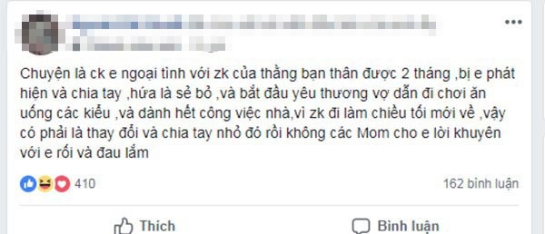 Chồng xin tha thứ sau lần ngoại tình với vợ của bạn thân, bà mẹ trẻ lên mạng cầu cứu - 1 Chia sẻ của người vợ nhận được sự quan tâm từ dân mạng. Ảnh chụp màn hình