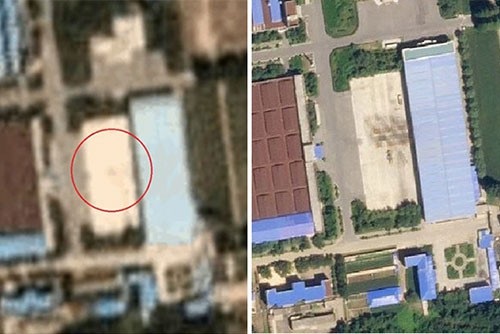 Báo Mỹ: Triều Tiên tháo dỡ hoàn toàn cơ sở lắp ráp tên lửa đạn đạo liên lục địa - 1 Hình ảnh so sánh cơ sở lắp ráp tên lửa ở khu vực Pyongsong từ giữa tháng 8 (bên phải) và đầu tháng 9 (bên trái). Khu vực khoanh tròn đỏ đã biến mất. (Ảnh: Yonhap)