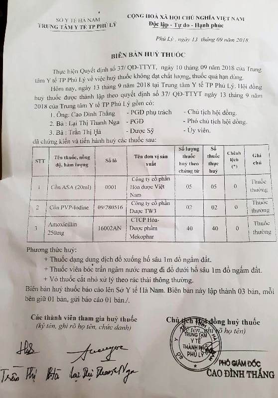 Cấp thuốc phòng chống lụt bão hết hạn sử dụng cho trạm Y tế - 3 Biên bản hủy thuốc tại TTYT thành phố Phủ Lý có 3 loại thuốc hết hạn được cấp cho Trạm Y tế phường Lương Khánh Thiện