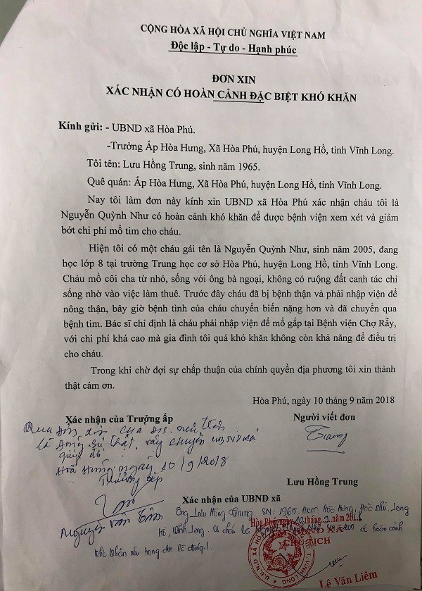 Cha bỏ rơi, mẹ theo chồng mới, nữ sinh 13 tuổi nguy kịch vì suy tim nặng - 4 Xác nhận của chính quyền địa phương về hoàn cảnh khó khăn của gia đình bé Quỳnh Như