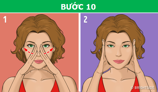 Đặt ngón cái ở dưới cằm và các ngón còn lại lên hai bên sóng mũi, sau đó, từ từ vuốt nhẹ từ trong ra ngoài.