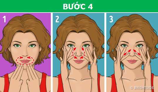 Đặt hai tay lên cằm, ấn ba ngón tay vào giữa cằm và di chuyển chúng theo hình vòng cung lên phía môi trên. Tiếp theo, vuốt các đầu ngón tay dọc theo vòm mũi và ngược lại, rồi kéo chúng xuống đưa sang hai bên má.