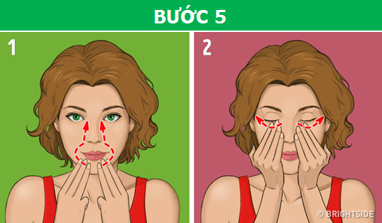 Dùng ba ngón tay giữa massage ngược từ cằm lên hai bên sóng mũi, rồi nhẹ nhàng vuốt từ khóe mắt đến phía đuôi mắt để xóa tan quầng thâm.