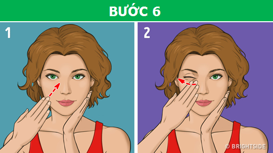 Dùng một tay áp nhẹ vào một bên má, tay còn lại di chuyển từ phía bên hàm đến một điểm ở khóe mắt, rồi nhẹ nhàng massage từ khóe mắt ra ngoài thái dương, lặp lại với bên tay kia.