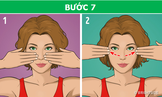Đặt hay tay lên má sao cho đầu ngón tay chạm vào cánh mũi, rồi nhẹ nhàng vuốt ra hai bên mang tai.