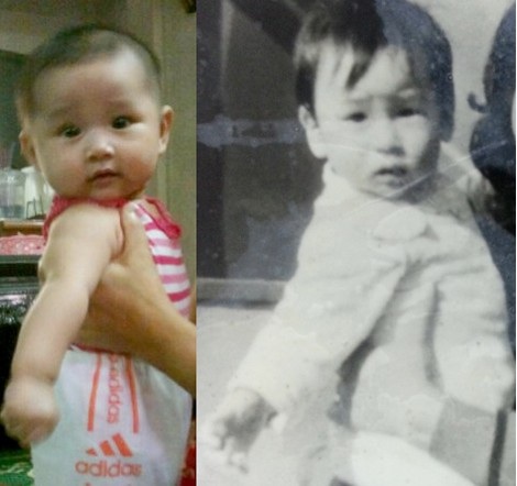 Ảnh Minh Tiệp thời bé và ảnh con gái đầu lòng của anh. Nhiều người cho rằng, con gái anh cực kỳ giống bố lúc còn bé.