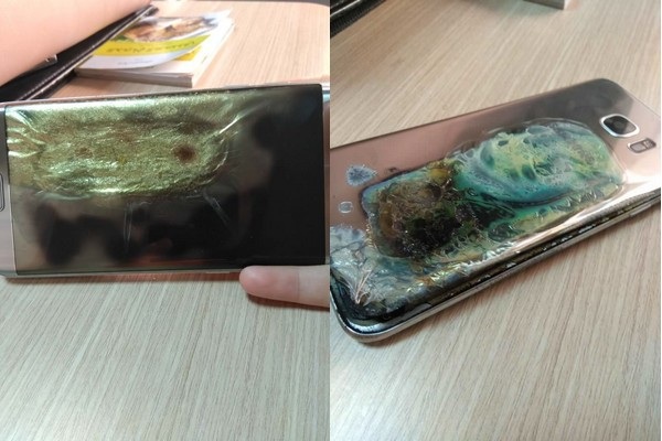 Smartphone Galaxy S7 Edge bất ngờ bị ngưng hoạt động rồi bốc cháy - 1 Mặt trước và mặt sau chiếc Galaxy S7 edge bị hư hại sau khi bất ngờ bốc cháy
