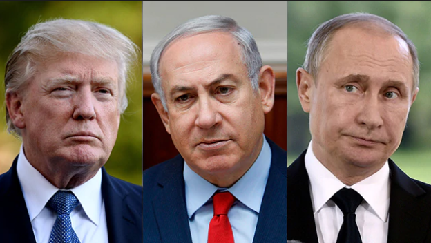 Nga chuyển “rồng lửa” S-300 cho Syria: Israel có thể kéo Mỹ vào cuộc - 1 Từ trái qua phải: Tổng thống Mỹ Donald Trump, Thủ tướng Israel Benjamin Netanyahu và Tổng thống Nga Vladimir Putin (Ảnh: AFP, Reuters)