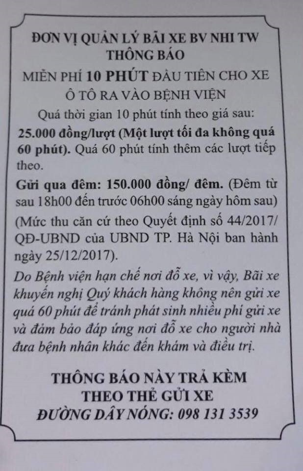 Gửi ôtô trong Bệnh viện Nhi Trung ương: 3 ngày hết 1,7 triệu đồng? - 1 Thông báo của Bệnh viện Nhi Trung ương về việc trông giữ xe ôtô tại bệnh viện.