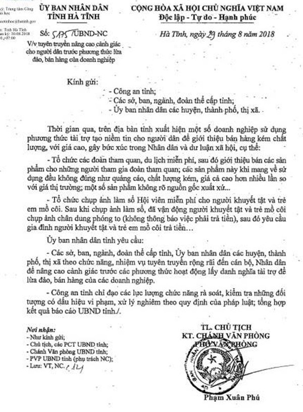 Chủ tịch tỉnh yêu cầu ngăn chặn ngay việc lợi dụng tri ân để "moi" tiền dân - 1 Công văn chỉ đạo của Chủ tịch UBND tỉnh ngăn chặn việc lợi dụng tri ân, tài trợ để bán sản phẩm thu lợi gây bức xúc trong nhân dân