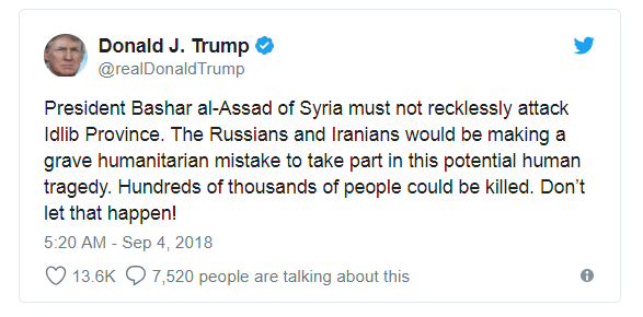 Tổng thống Trump bất ngờ cảnh báo Syria giữa lúc căng thẳng - 2
Tổng thống Trump cảnh báo quân đội Syria không tấn công Idlib. (Ảnh: Twitter)