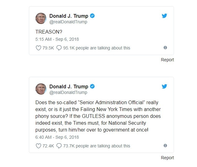 Tổng thống Trump giận dữ truy tìm quan chức cấp cao Nhà Trắng “phản bội” - 2
Tổng thống Trump phản ứng trên Twitter, yêu cầu New York Times cung cấp danh tính tác giả bài viết.