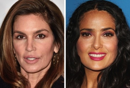 Do phẫu thuật thẩm mỹ nên gương mặt của Cindy Crawford đã trở nên cứng đờ, già nua và kém xa mỹ nhân cùng sinh năm 1966, Salma Hayek