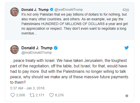 Tổng thống Trump dọa cắt viện trợ Palestine - 2
Tổng thống Trump cảnh báo cắt viện trợ Palestine. (Ảnh: Twitter)