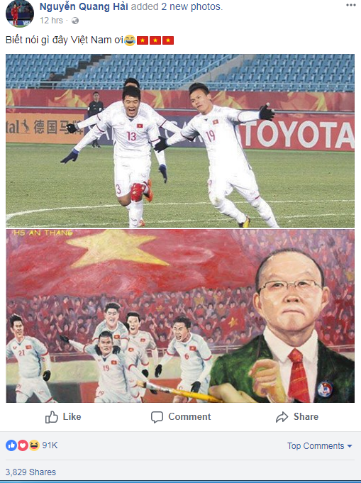 Người hùng Nguyễn Quang Hải viết: “Biết nói gì đây Việt Nam ơi”. Trong đó, tiền vệ của Hà Nội FC đã đăng tải bức hình ăn mừng bàn thắng. Với những gì thể hiện, Quang Hải đang là ứng cử viên nặng ký cho danh hiệu Cầu thủ xuất sắc nhất giải đấu.