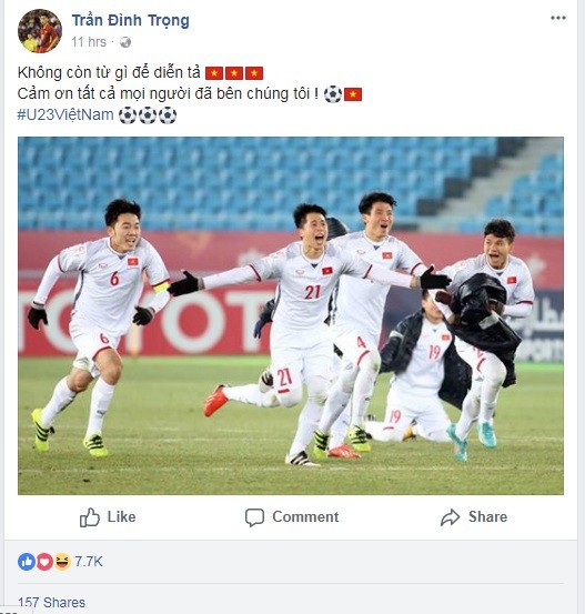 Trần Đình Trọng cảm ơn sự ủng hộ của những người hâm mộ: “Không còn từ gì để diễn ra. Cảm ơn tất cả mọi người đã ở bên chúng tôi”.